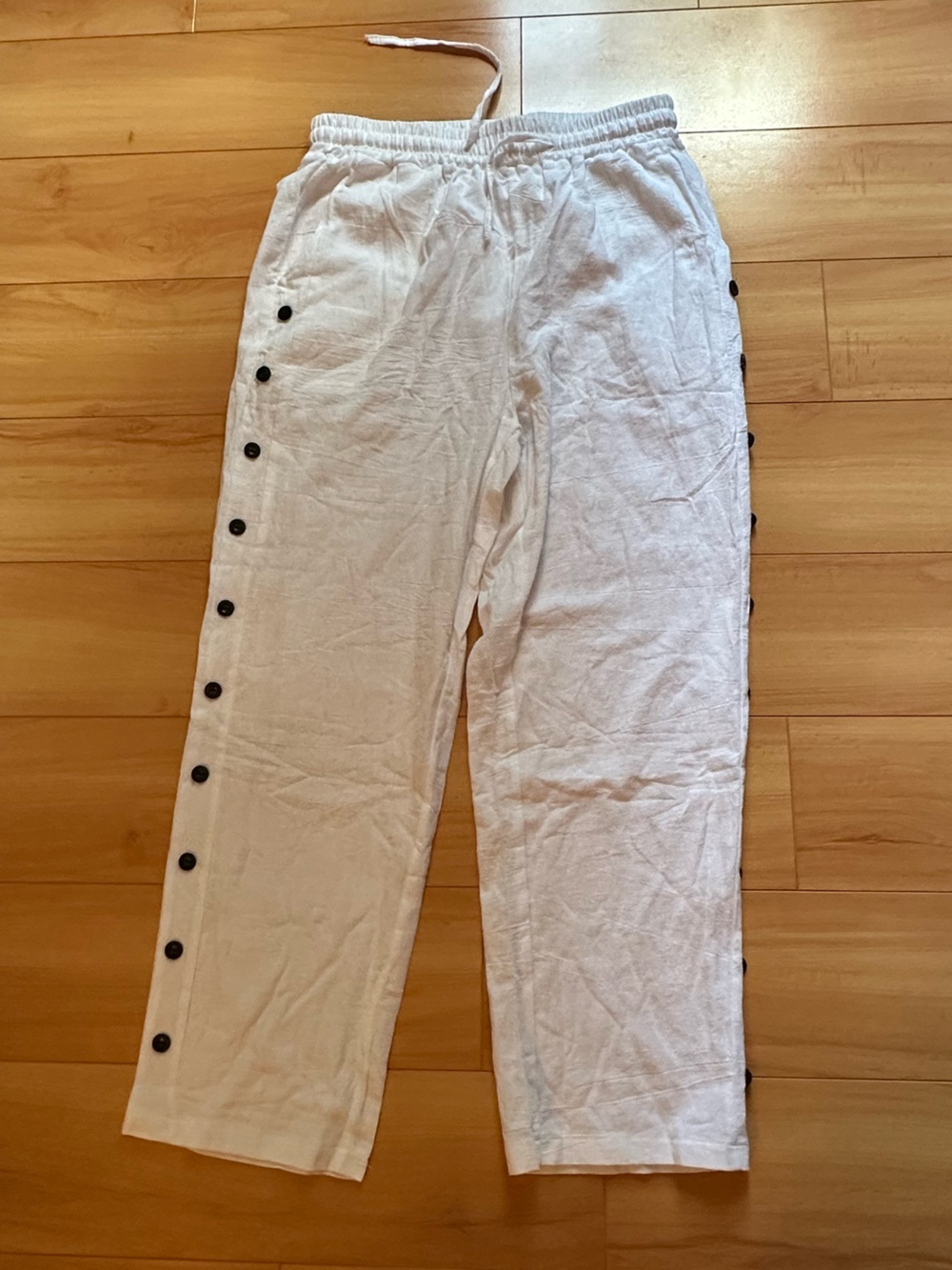 SHEIN White Cropped Button-Trim Pant elastic waist drawstring large lightweight